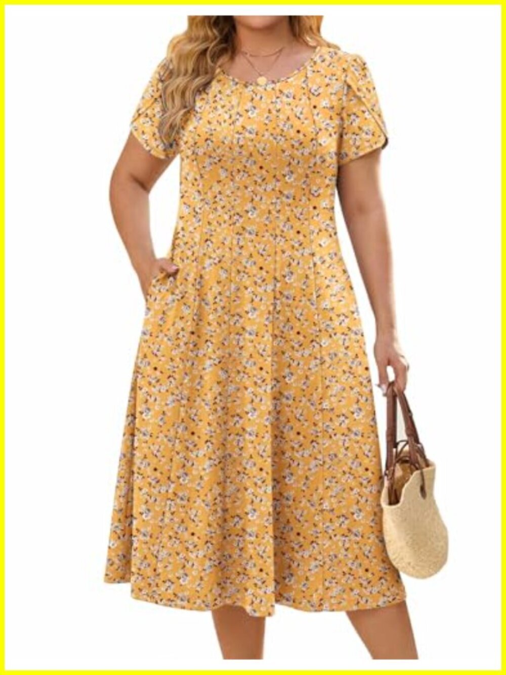 Plus Size Casual Midi Dress with Petal Sleeves and Pockets